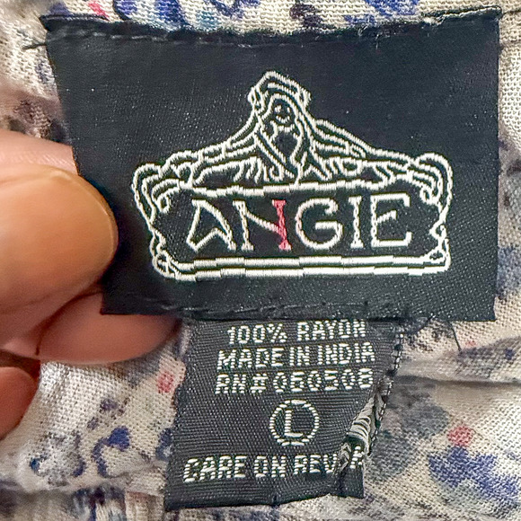 Angie Boho Floral Ruffle Dress Blue White Pink Tiered Rayon Smocked L Sleeveless - Picture 3 of 5